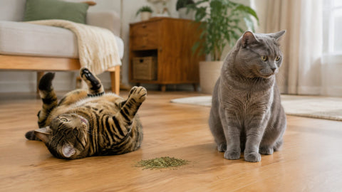 キャットニップに転がって反応する猫と、興味を示さず座っている猫