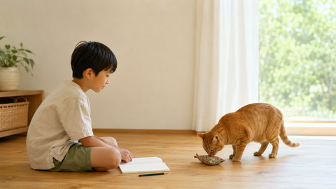 夏の朝の窓辺で、子どもが観察ノートを手に、手作りおもちゃの匂いを嗅ぐ茶トラの猫を見守っている様子。